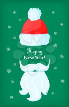 Happy New Year Santa Claus beards, white moustache and cap isolated on green backgrounds with snowflakes. Vector illustration with cartoon Christmas elements for festive design in flat style