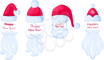 Happy New Year poster of Santa Claus caps, different types of moustaches and beards isolated on white background with snowflakes. Vector illustration with cartoon Christmas elements for festive design