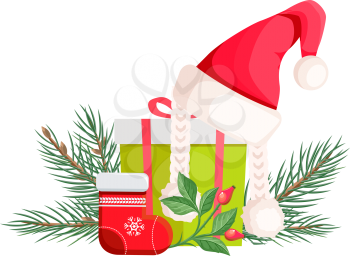 Santa Claus hat lying on green gift bow with red ribbon near red xmas sock and evergreen tree with branch of canker-rose. Vector illustration set with cartoon Christmas elements in flat design