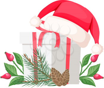 Santa Claus hat lying on white gift bow with red ribbon near evergreen spruce tree with branch of canker-rose and cone. Vector illustration set with cartoon Christmas elements in flat design