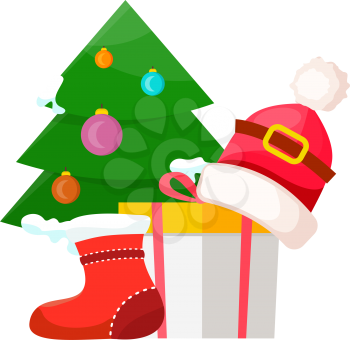 Christmas tree decorated near red xmas sock, white present box with yellow lid and red Santa Claus cap on it in flat design. Vector illustration of New Year festive elements in cartoon design on white