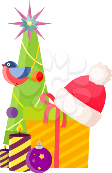 Decorated Christmas tree with balls, garlands and star on top near xmas box with Santa Claus cap on it and striped burning candles in flat design. Vector illustration of New Year festive elements