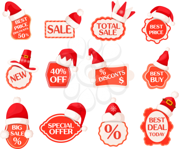 Sale and discounts labels with percents inside and Santa hats on tops vector collection in cartoon design. Best day today and special offer inscriptions on adorned tags with seasonal winter discounts