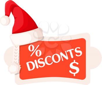 Discounts inscription and Percent dollar signs on Christmas tag in rectangular shape with round edges and fluffy ball. Vector illustration of reduction price label isolated on white in cartoon style