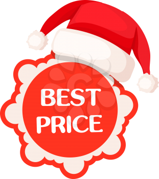 Best price round tag in red sign and Santa Claus hat on top. Time for seasonal discounts in shops. Vector illustration of label with wavy contour decorated with Christmas cap. Winter price off