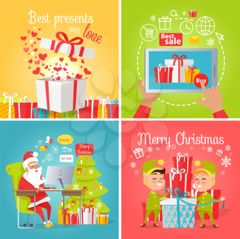 Vector colourful poster of christmas pictures with best presents, gift box, online shopping, Web banner of Santa Claus reading online letters and elves packing presents in boxes in cartoon style.