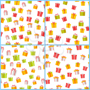 Colourful festive collection of gift boxes on white. Vector poster of four pictures with chaotically located yellow, green, white and red present objects with white and red ribbons and bows.