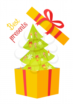 Best presents Christmas tree on white background. Vector illustration of green fir tree decorated by toys inside yellow box with ribbon and beautiful bow. Element of decor for Christmas holidays.