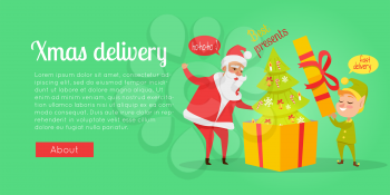 Xmas and fast delivery of best presents. Vector illustration of Santa Claus and gnome packing decorated Christmas tree in huge yellow box with red ribbon in cartoon style. Holiday web banner.