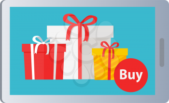 Buying nice colourful presents online on white background. Vector illustration in e-commerce concept of buying boxes with gifts with help of modern gadgets in Internet. Ribbons and bows decorate boxes