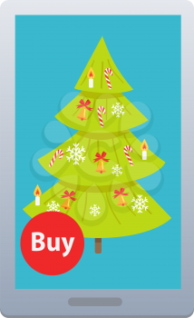 Buying nice green New Year fir tree online on white background. Vector illustration of buying green Christmas tree with help of modern gadgets in Internet. Decorated by bells snowflakes and canes.