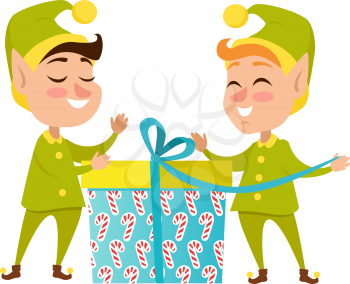 Two happy elves with big present on white background worn in green with yellow costumes and hat. Vector illustration of pixies with gift pack for children. Pattern of candies on box with blue ribbon