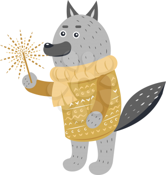 Grey wolf in warm winter yellow sweater and scarf with burning sparkler in one paw on white. Vector illustration of standing wild beast spending holidays and celebrating New Year in cartoon style