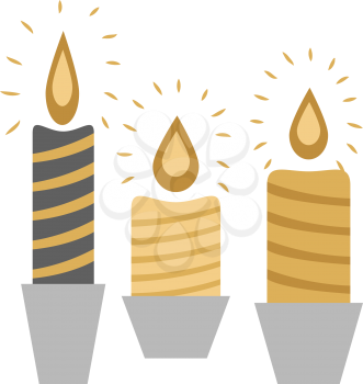 Three burning candles isolated in deep silver racks on white in flat design. Vector illustration of black and yellow Christmas wax decorations with flame and colourful stripes in cartoon style.