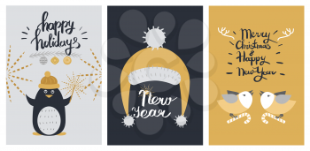 Happy holidays and New Year colourful poster of three pictures. Vector illustration of penguin with sparklers on grey, yellow cap on black and birds with candy canes in paws on yellow background