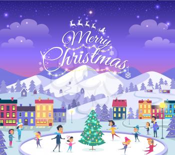 Merry Christmas. Cartoon people of different ages on icerink. Christmas entertainments in decorated city in winter. Vector illustration of people spending New Year holidays outdoors in flat style.