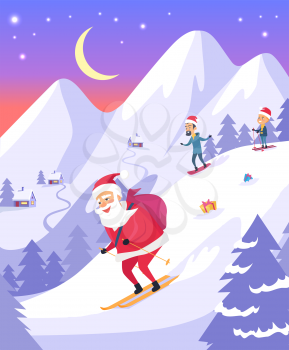 Christmas Santa Claus with red bag of presents is sliding down snowy mountains in evening. Vector cartoon illustration in hills covered with snow, people on skis, houses, spruces in flat style.
