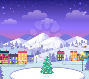 Decorated Christmas town in evening with icerink and adorned xmas tree in centre and many colourful buildings. Vector cartoon illustration of holiday card with snowy mountains on background.