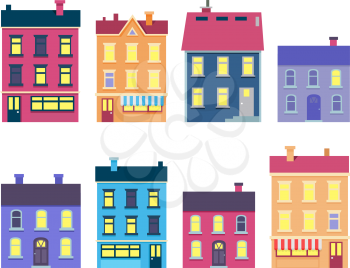 Collection of colourful Christmas buildings with lighted windows on white background. Vector poster of illustrations with different houses in shape, colour and size. Decorated architecture in town