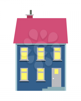 Vector illustration of isolated cartoon house with two floors on white background. Colourful building with pink roof and chimney on it and some yellow lighted windows. Architecture in city.