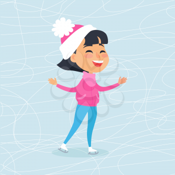 Isolated smiling cartoon girl in rosy coat, blue trousers and white-pink hat with ball. Vector illustration of happy female child spending winter holidays on icerink. Christmas entertainments in town.