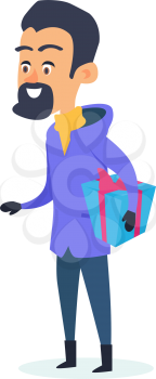 Isolated man with black hair and beard is standing with blue present box in hand on white. Vector illustration of smiling male person in black mittens, blue coat and dark trousers. Winter holidays.