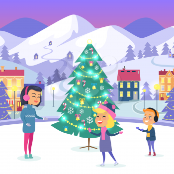 People on icerink near adorned evergreen tree in decorated Christmas town landscape. Vector cartoon illustration in flat design of celebrating New Year and spending xmas winter holidays outdoors