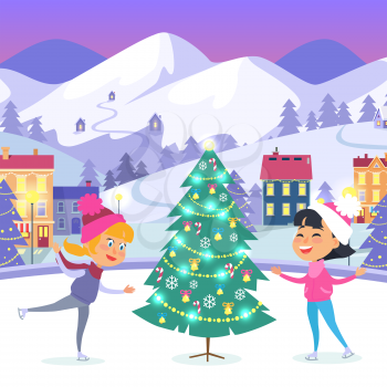 Little smiling girls near decorated Christmas tree on urban icerink. Vector illustration of female children in warm winter clothes celebrating New Year and spending xmas winter holidays outdoors