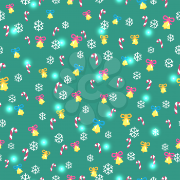 Seamless green pattern with Christmas decorations. Vector illustration of endless texture wallpaper of yellow bells with blue or pink bows, white snowflakes, striped lollipops and shiny spots.
