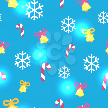 Seamless blue pattern with Christmas decorations. Vector illustration of endless texture wrapping paper of yellow bells with yellow or pink bows, white snowflakes, lollipops and shiny spots.