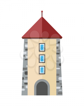 Medieval city tower icon. Ancient stone tower with windows and arch flat vector illustration isolated on white background. European  architecture. Historic building. For travel, touristic concepts
