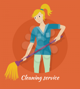 Cleaning service banner. Young woman in blue uniform with mop. House cleaning service, professional office cleaning, home cleaning, domestic cleaning service. Website template.