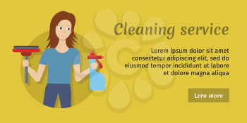 Cleaning service. Female member of the cleaning service staff with broom and glass cleaner. Worker of cleaning company. Successful housekeeping company banner. Office and hotel cleaning. Vector