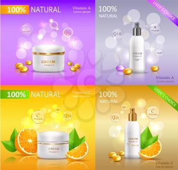 Cream natural series banners set. Set of white tubes for cosmetics. Product for body, skin and face care. Vitamin A and C. User choice. Cream with orange and proteins. Vector illustration.