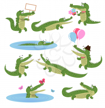 Crocodile daily activities set. Funny predator in cartoon style. Cheerful green alligator swim, with flowers, balloons, in hat, play with butterfly. Scary crocodiles isolated on white background.