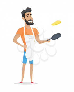 Young handsome man with orange T-shirt, blue shorts and white apron cooking pancakes. Smiling man with beard cooking. Man with pan. Isolated vector illustration on white background