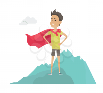Smiling man in hero cape on mountain peak vector in flat style. Funny cartoon superhero illustration for business, success, dreaming, motivation concepts.  Isolated on white background.