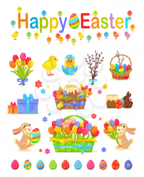 Happy Easter traditional elements concept poster on white. Vector collection of hatched and unhatched chickens, basket with easter eggs, willow tree bunch, gift boxes and rabbits with tulips.