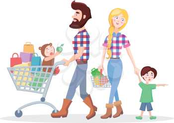 Family shopping concept isolated on white. Young hipster man and woman make purchases with kids cartoon vector illustration. Father and mother buying daily products on sale with little children