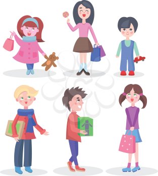 Shopping children vector illustrations set. Buying gifts on holidays flat concepts isolated on white background. Happy small and teenager boys and girls characters with gifts, shopping bags and toys