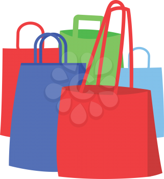 Group of colorful shopping bags flat vector illustration. Make purchases on seasonal sale in supermarket concept isolated on white background. For e-commerce and online shopping app icon