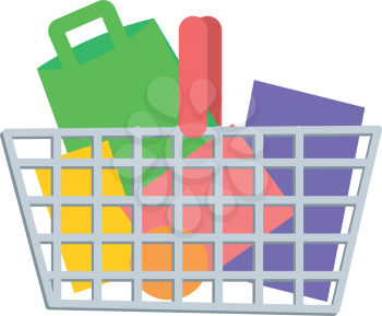 Shopping Basket full of paper bags and boxes flat vector illustration. Make purchases on seasonal sale in supermarket concept isolated on white background. For e-commerce and online shopping app icon
