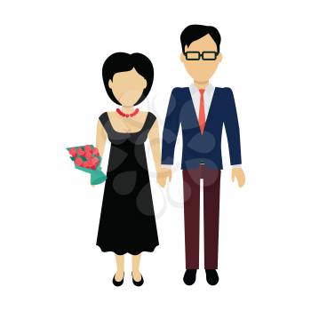 Couple in love banner. Man and woman, boy and girl holding hands and bouquet of flowers. In the background of the heart silhouette. Romantic banner flat together male and female, vector illustration