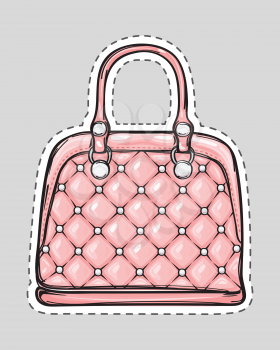 Handbag patch with handle, clips isolated in flat style. Bag with squares. Elegant pink rouge leather bag. Editable female accessory object. Modern trendy casual sack. Luxury case. Vector illustration