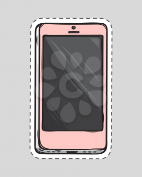 Mobile phone patch. Cut it out of paper. Dashed lines. Portable cell phone. Personal phone.. Connection device. White smartphone. Editable items in flat style. Accessories for work in office. Vector