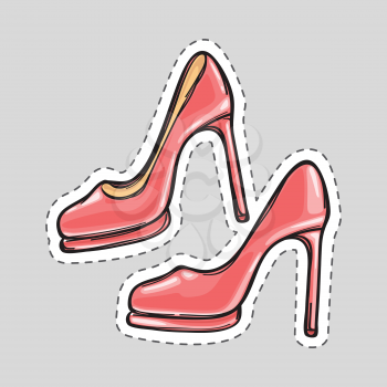 Women shoes patch with dashed line. Cut it out. High heel shoe for female in flat style design. Pair of pink leather pump shoes. New spring autumn collection. Shoe shop sale. Vector illustration