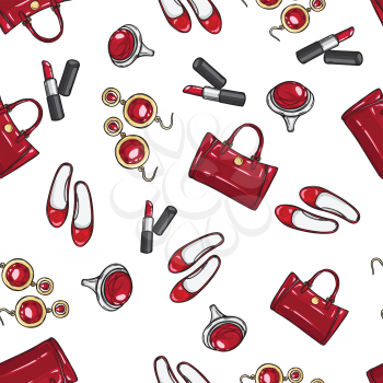 Collection of women accessories. Red sack, lipstick, fashionable jewelry, ring, earrings with diamond, stylish shoes. Endless texture. Seamless pattern. Striped background Fabric Vector