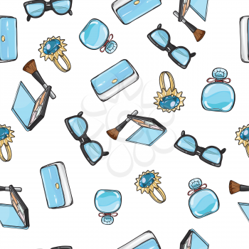 Collection of women accessories. Blue purse. Ring with precious stone. Eyeshadows palette in square case. Brush. Sunglasses. Perfume in azure flask. Endless texture. Seamless pattern. Fabric. Vector