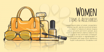 Women items and accessories. Illustration of yellow purse, mascara, perfume, sunglasses, beige nail polish. Fashionable female objects on yellow. Poster. Cartoon style. Banner. Flat design Vector