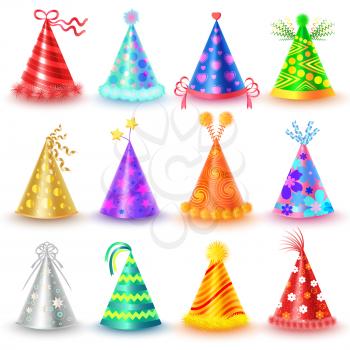 Festive caps collection for parties and celebrations holidays on white. Vector poster of colourful festive caps with straight and twisted ribbons, yellow ball, red heart. Decorative accessory hats